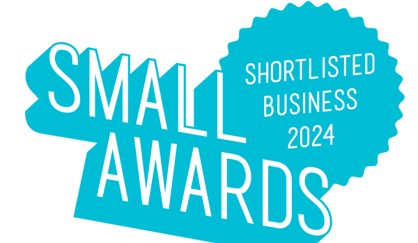 logo of the SMALL AWARDS white writing on a blue background that Virtalent has been nominated for