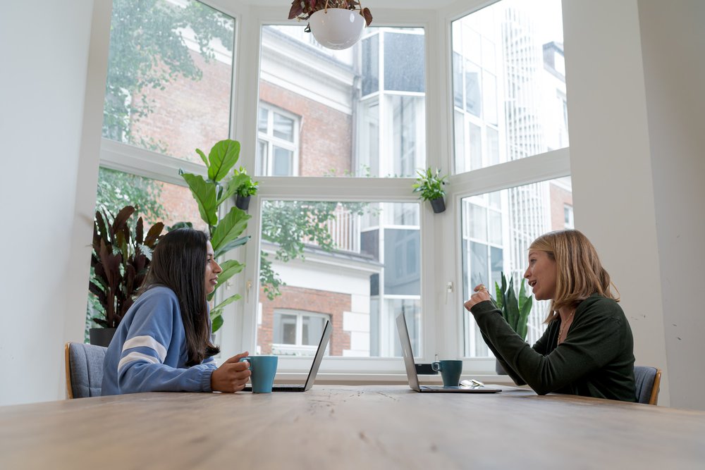 Image of two women speaking across a table in a room with a large bay window and lots of plants